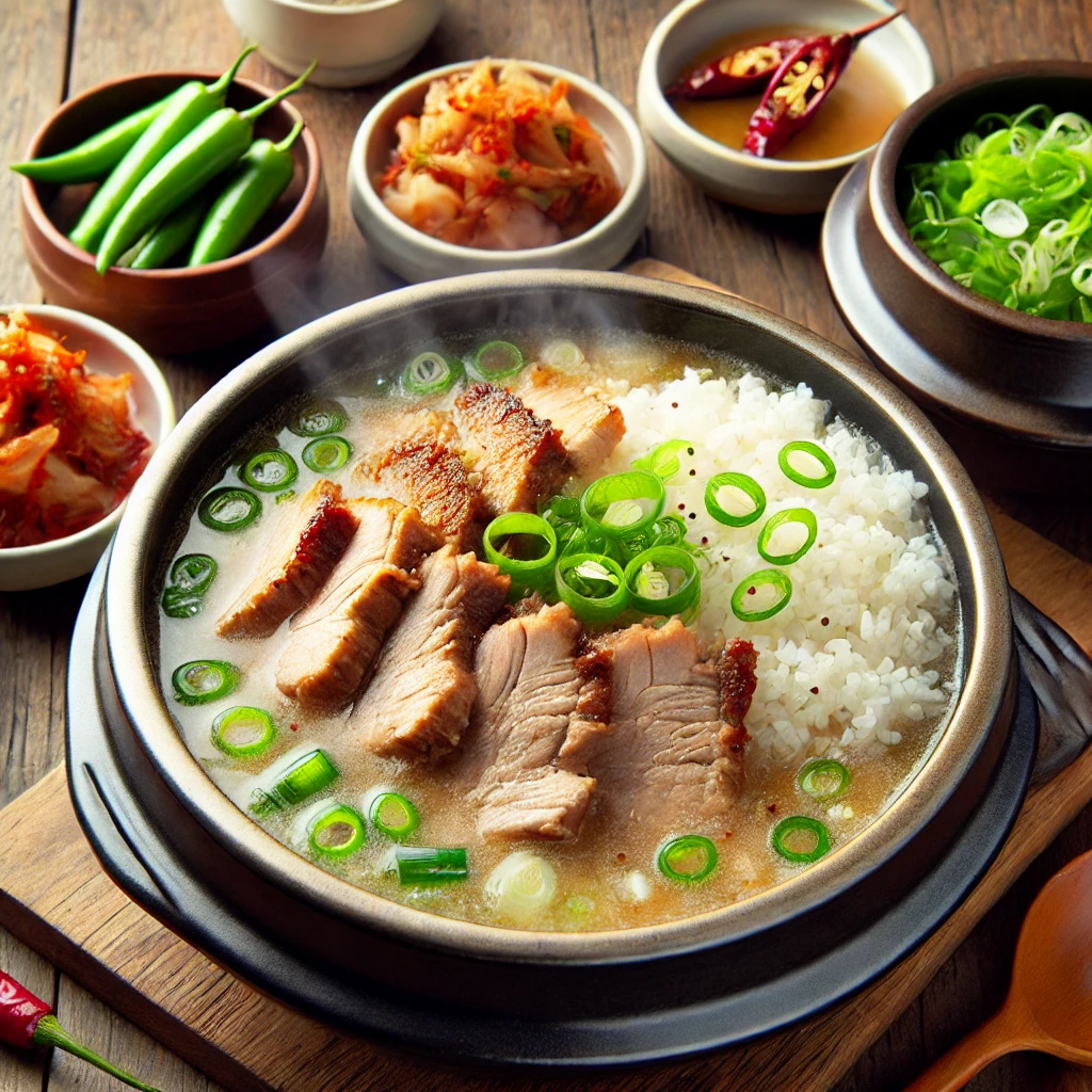 釜山豬肉湯飯是一道溫暖人心的傳統美食，湯內含有豐富的豬肉片、綠蔥和米飯，湯底濃郁香甜。這道湯飯通常配以韓式泡菜和青辣椒作為小菜，湯飯的溫暖和濃郁的味道讓人倍感滿足。