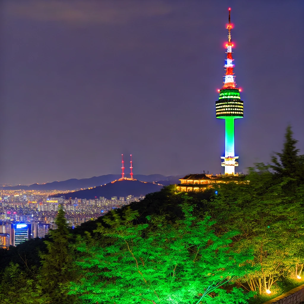 南山首爾塔夜景，彩燈點綴的塔身在夜空中熠熠生輝，俯瞰首爾的繁華景象