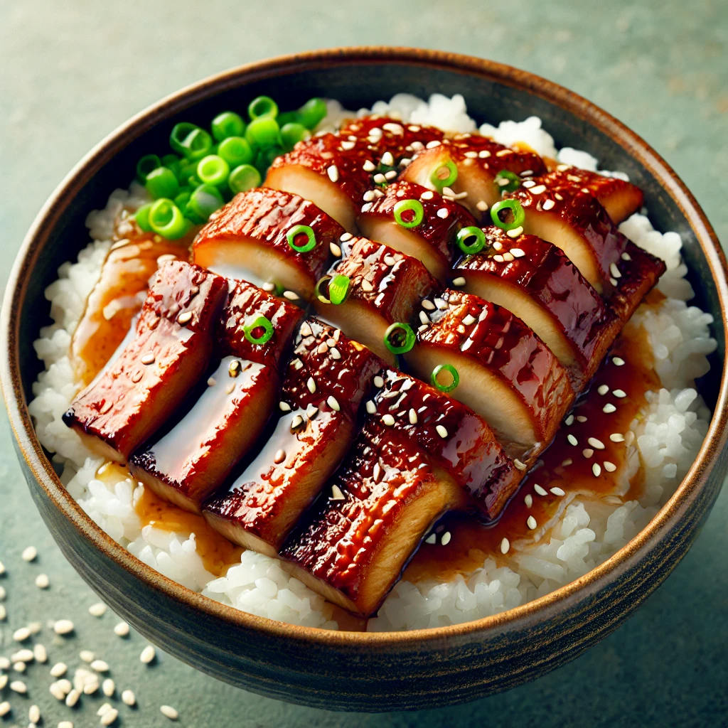 鰻魚丼-烤鰻魚塗上甜醬油基底的醬汁，放在熱騰騰的白米飯上，並撒上芝麻和細碎的青蔥，口感豐富。